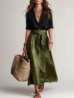 Landegarda | Completo con Camicia Nera e Gonna Lunga Verde Oliva
