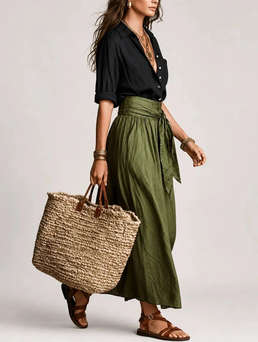 Landegarda | Completo con Camicia Nera e Gonna Lunga Verde Oliva