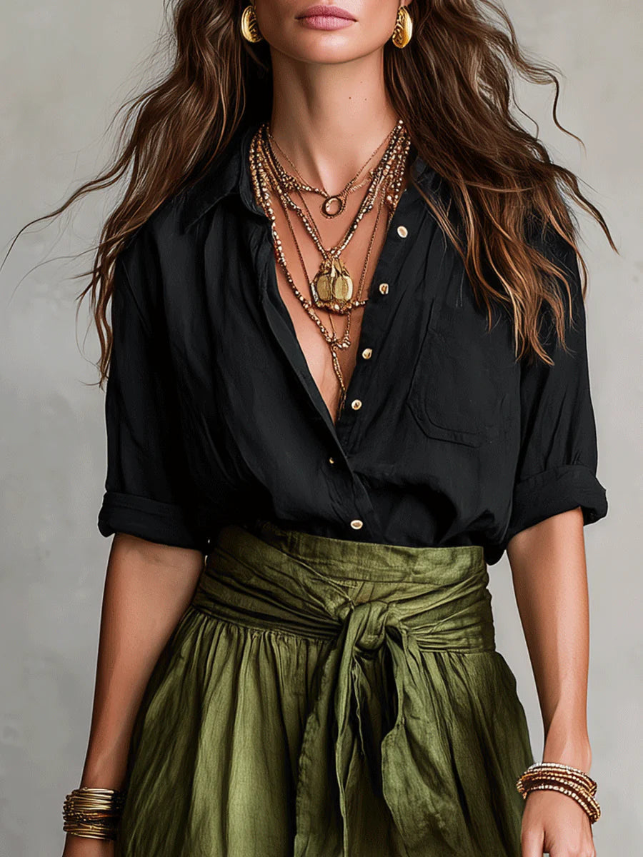Landegarda | Completo con Camicia Nera e Gonna Lunga Verde Oliva