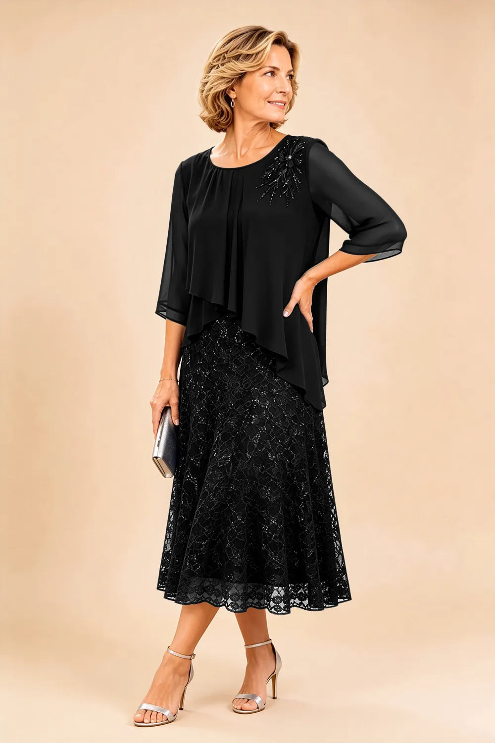 Gilberta | Abito in Chiffon con Sovrapposizione in Pizzo