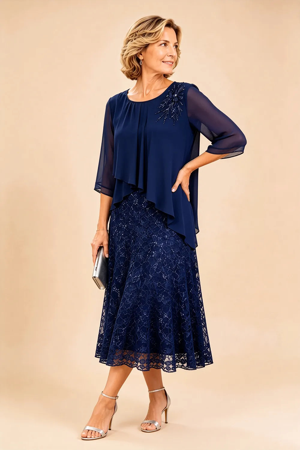 Gilberta | Abito in Chiffon con Sovrapposizione in Pizzo