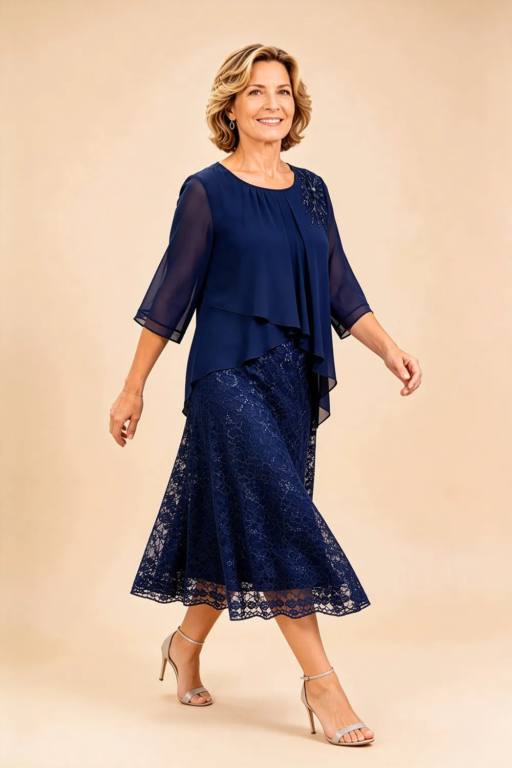 Gilberta | Abito in Chiffon con Sovrapposizione in Pizzo