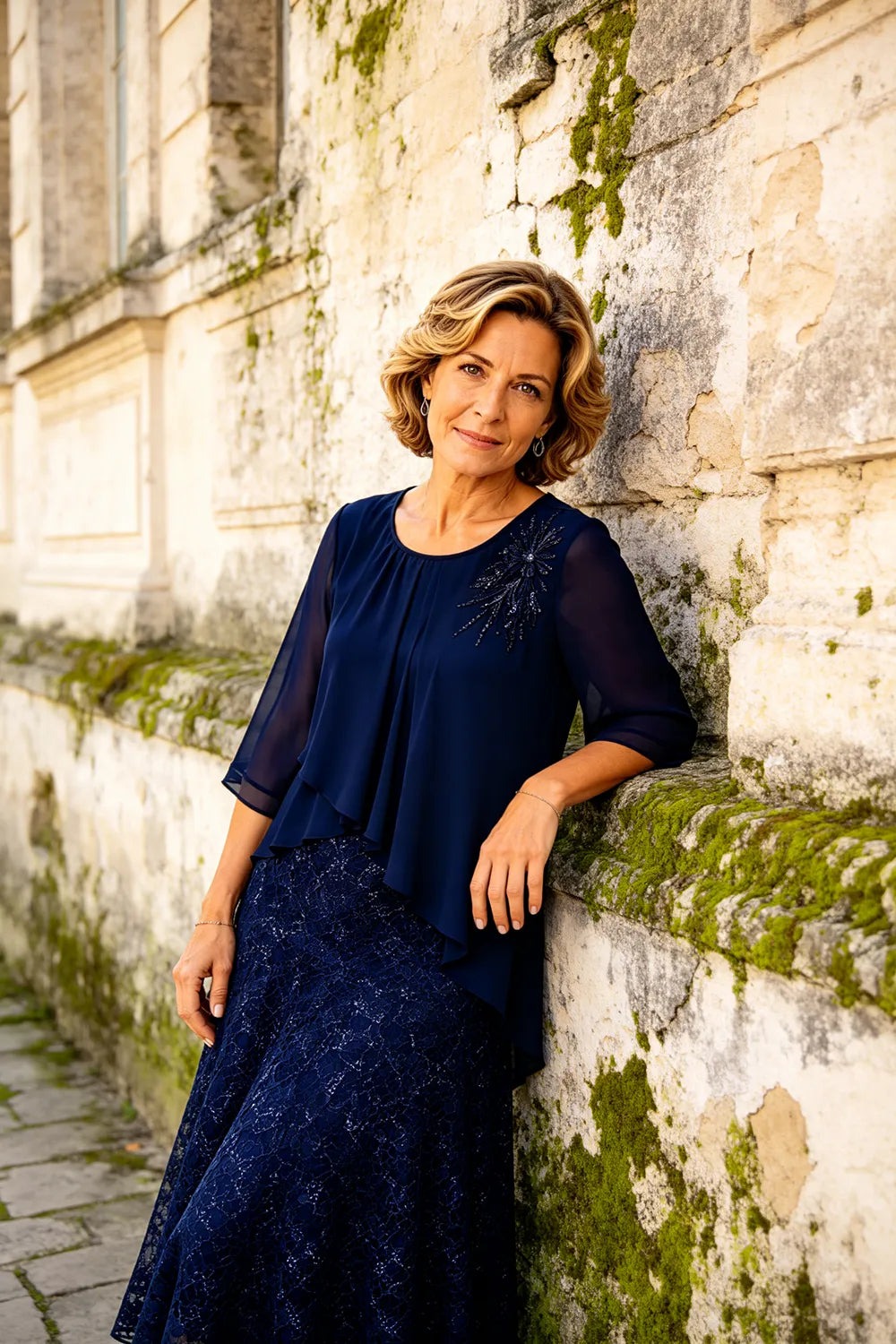 Gilberta | Abito in Chiffon con Sovrapposizione in Pizzo