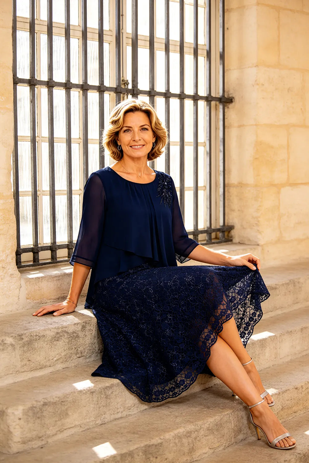 Gilberta | Abito in Chiffon con Sovrapposizione in Pizzo