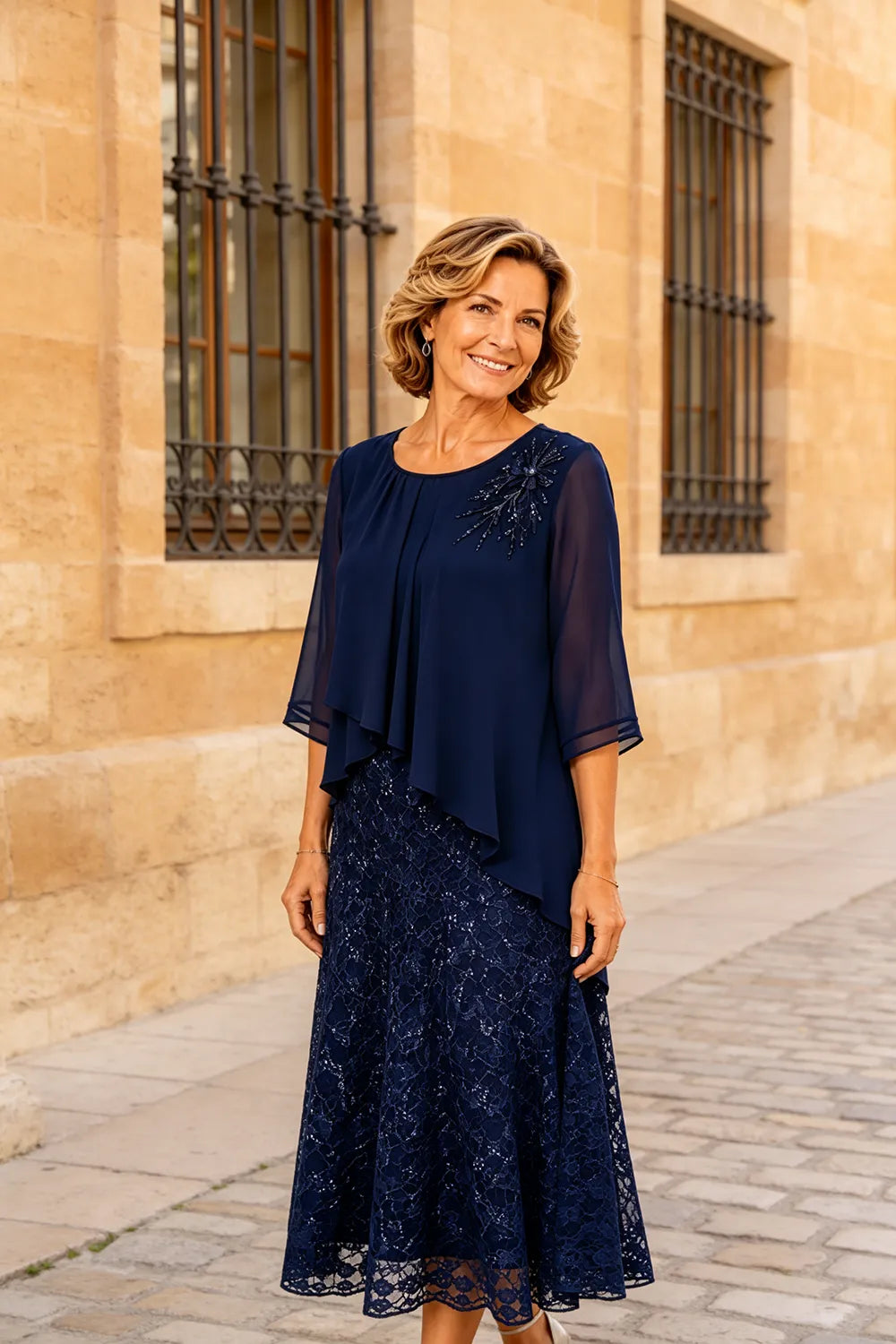 Gilberta | Abito in Chiffon con Sovrapposizione in Pizzo
