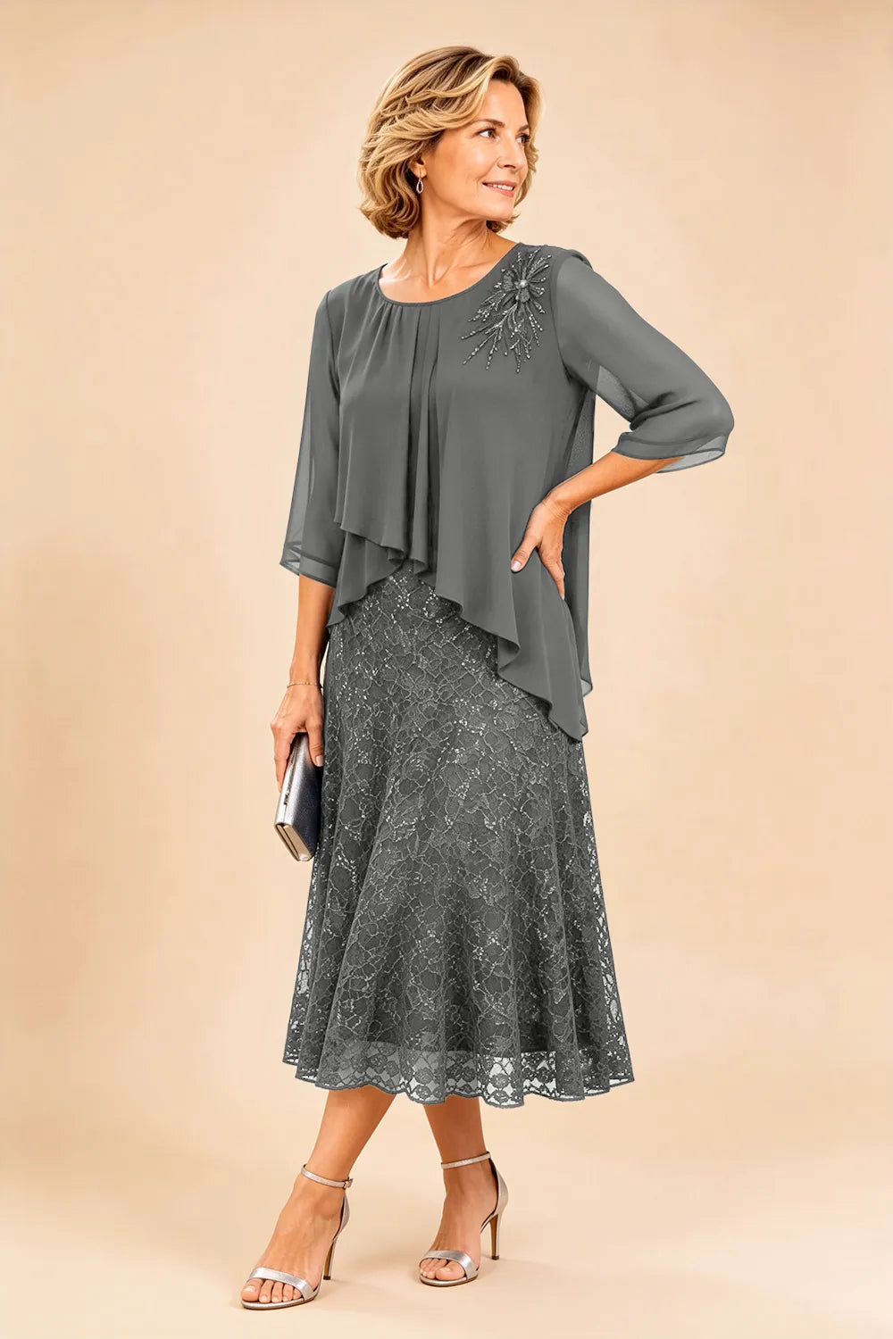 Gilberta | Abito in Chiffon con Sovrapposizione in Pizzo