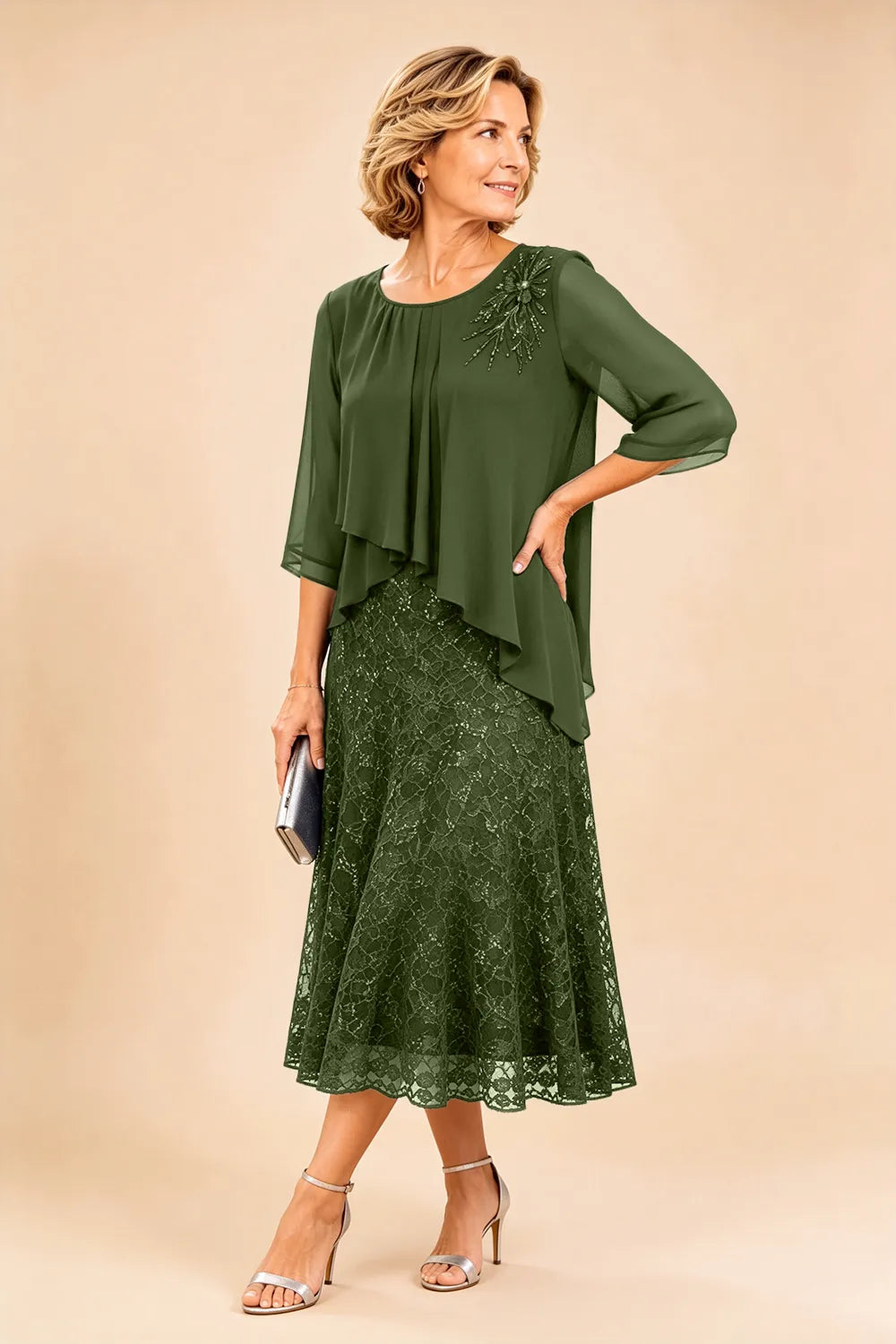 Gilberta | Abito in Chiffon con Sovrapposizione in Pizzo
