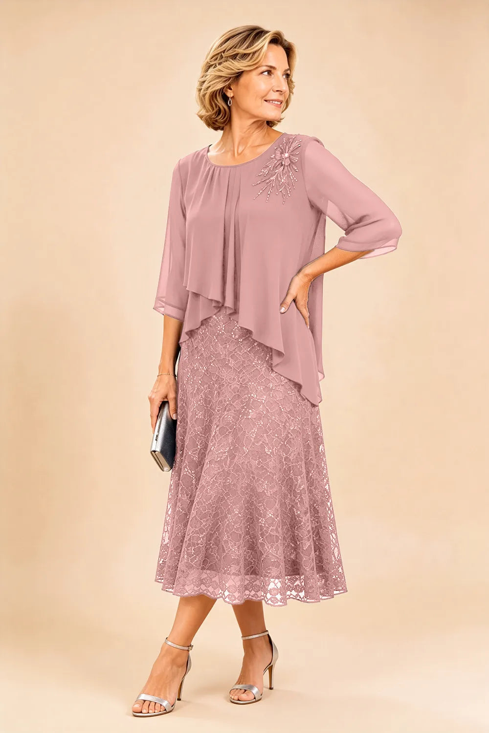Gilberta | Abito in Chiffon con Sovrapposizione in Pizzo