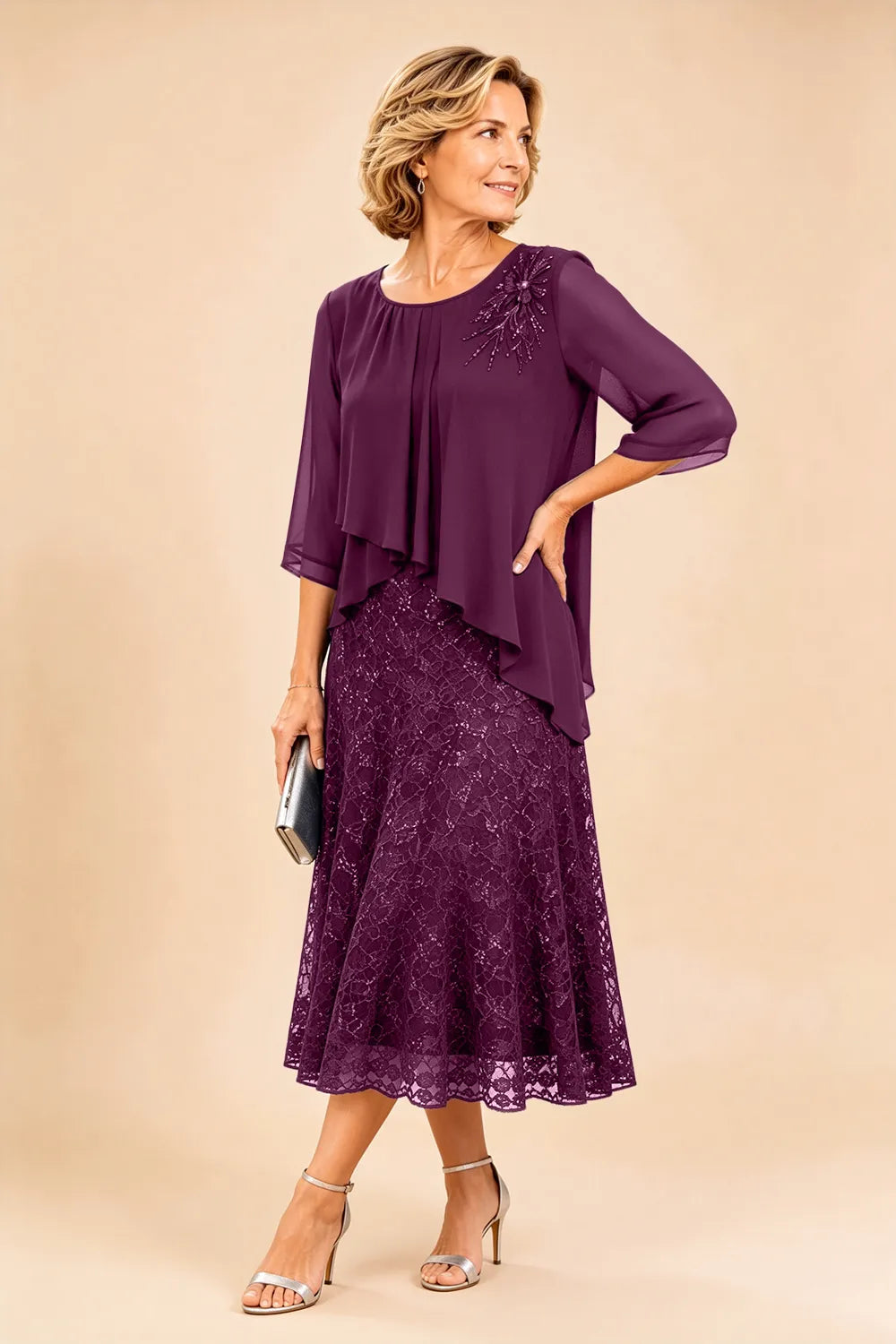 Gilberta | Abito in Chiffon con Sovrapposizione in Pizzo