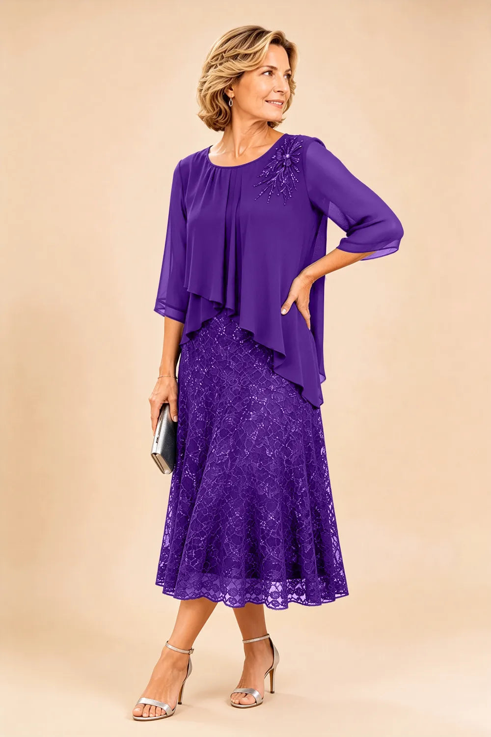 Gilberta | Abito in Chiffon con Sovrapposizione in Pizzo