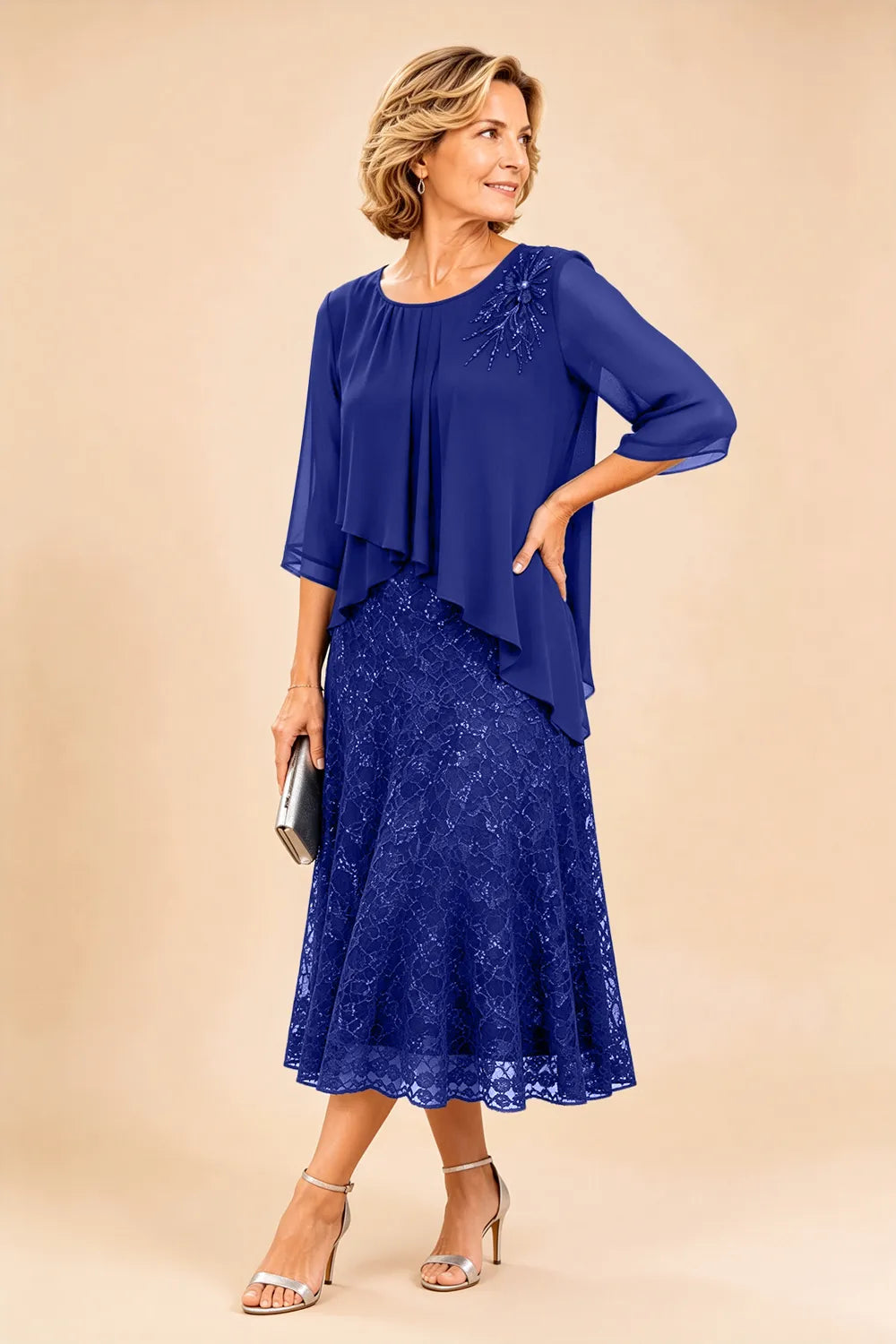 Gilberta | Abito in Chiffon con Sovrapposizione in Pizzo