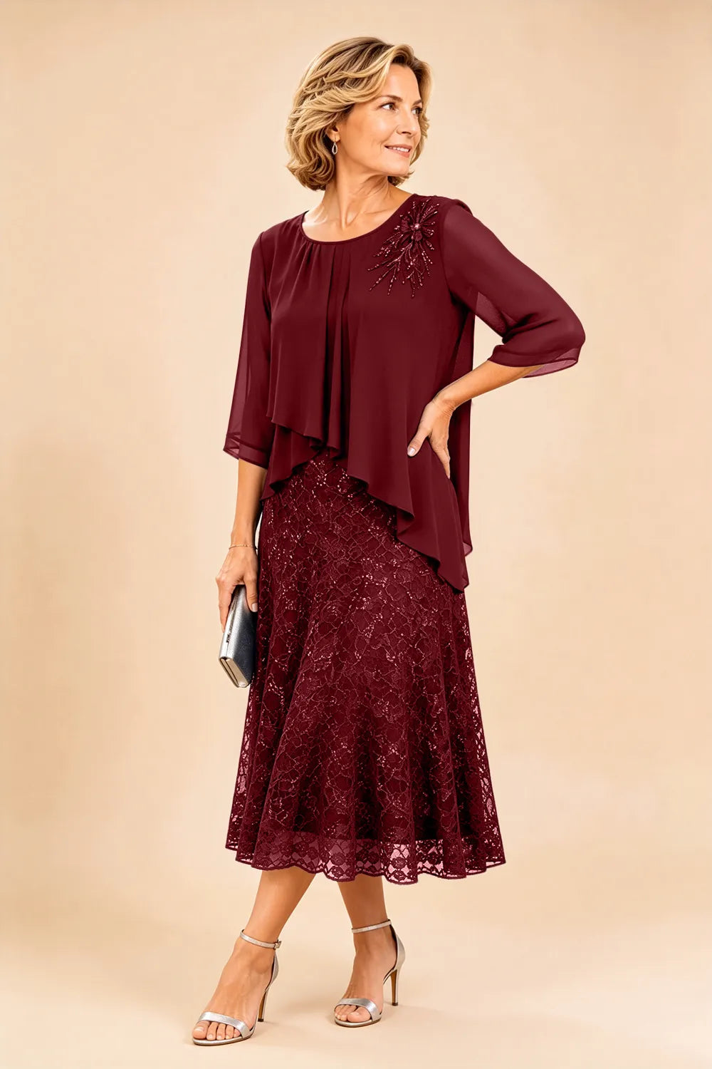 Gilberta | Abito in Chiffon con Sovrapposizione in Pizzo
