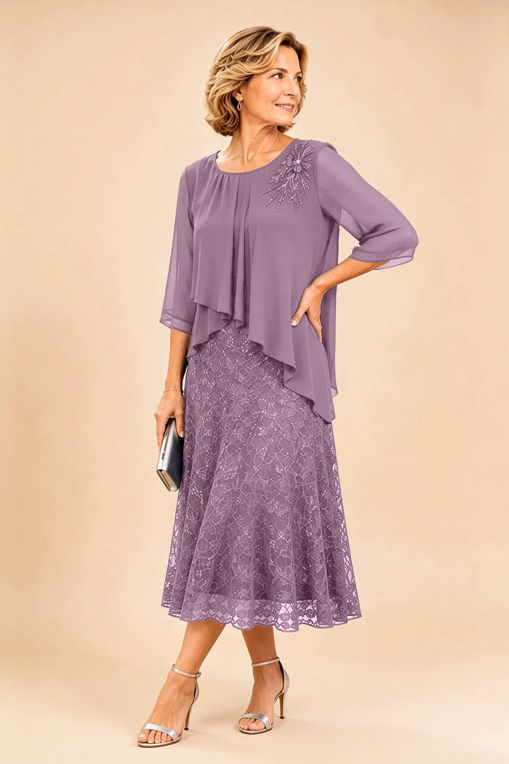 Gilberta | Abito in Chiffon con Sovrapposizione in Pizzo