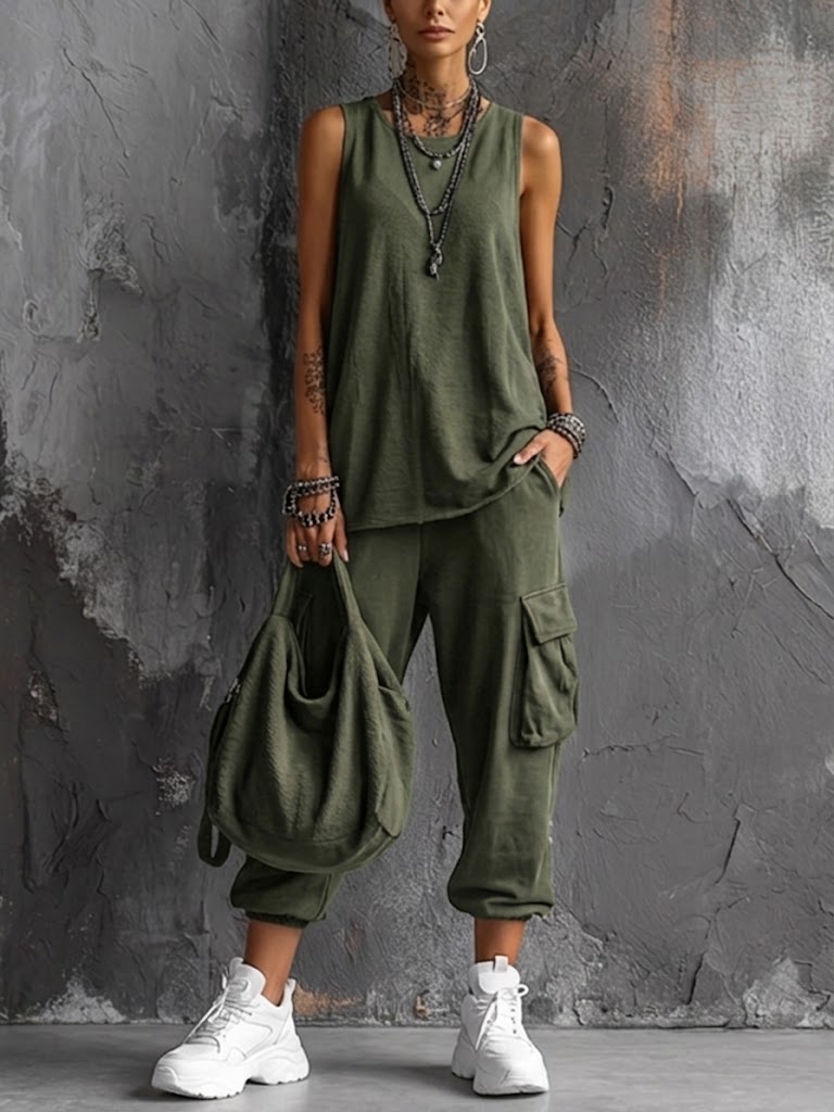 Iginia | Completo Casual Oliva con Tasche Cargo
