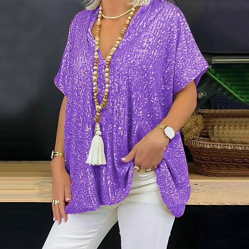 Paola - Maglietta con paillettes e scollo a V